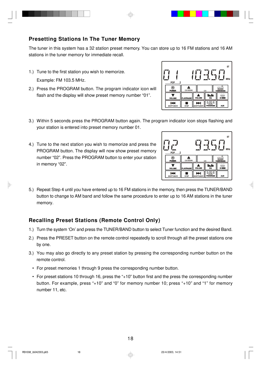 Emerson RS1008 owner manual Presetting Stations In The Tuner Memory, Recalling Preset Stations Remote Control Only 