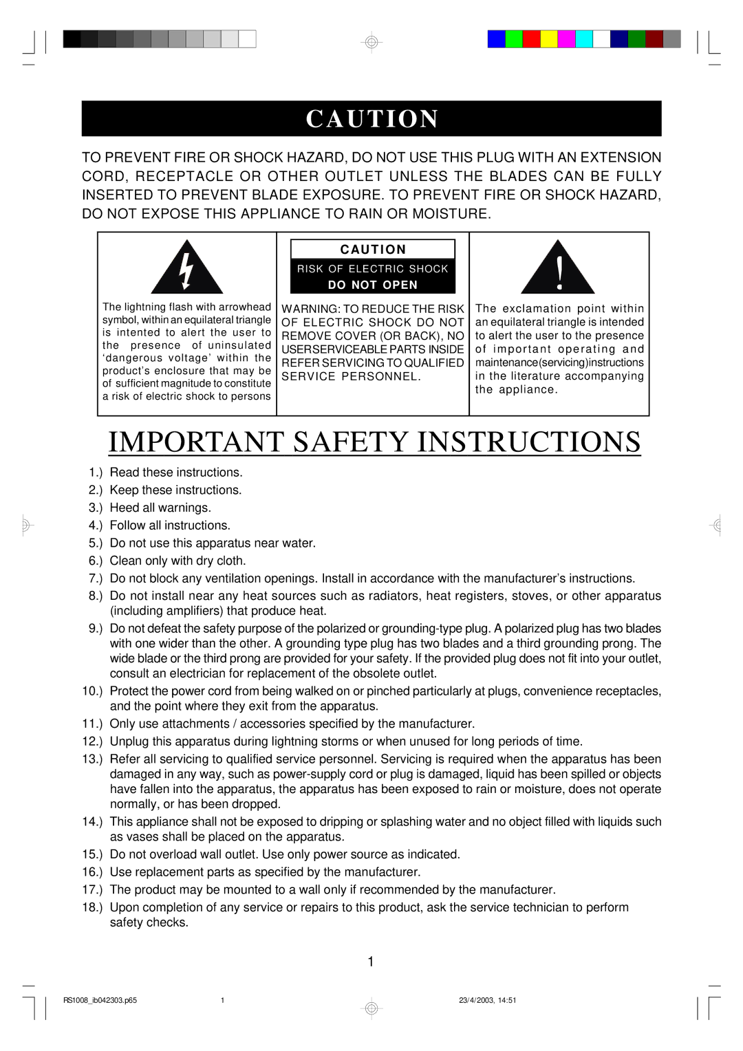 Emerson RS1008 owner manual Important Safety Instructions 