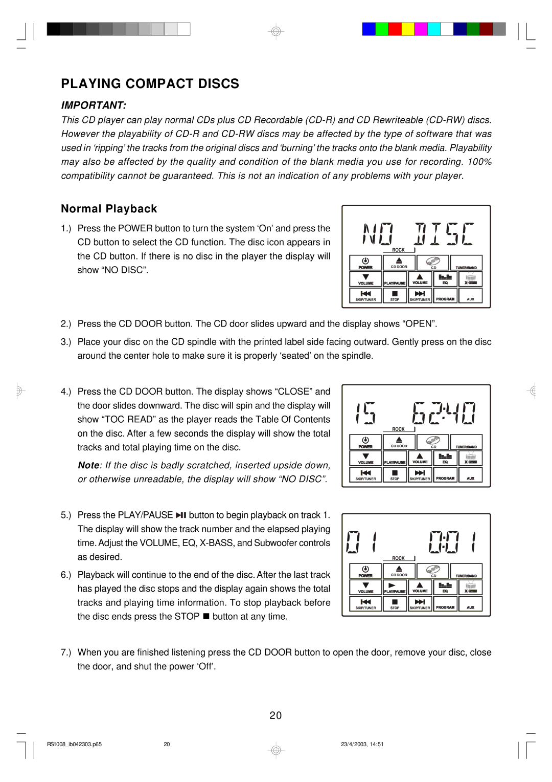 Emerson RS1008 owner manual Playing Compact Discs, Normal Playback 