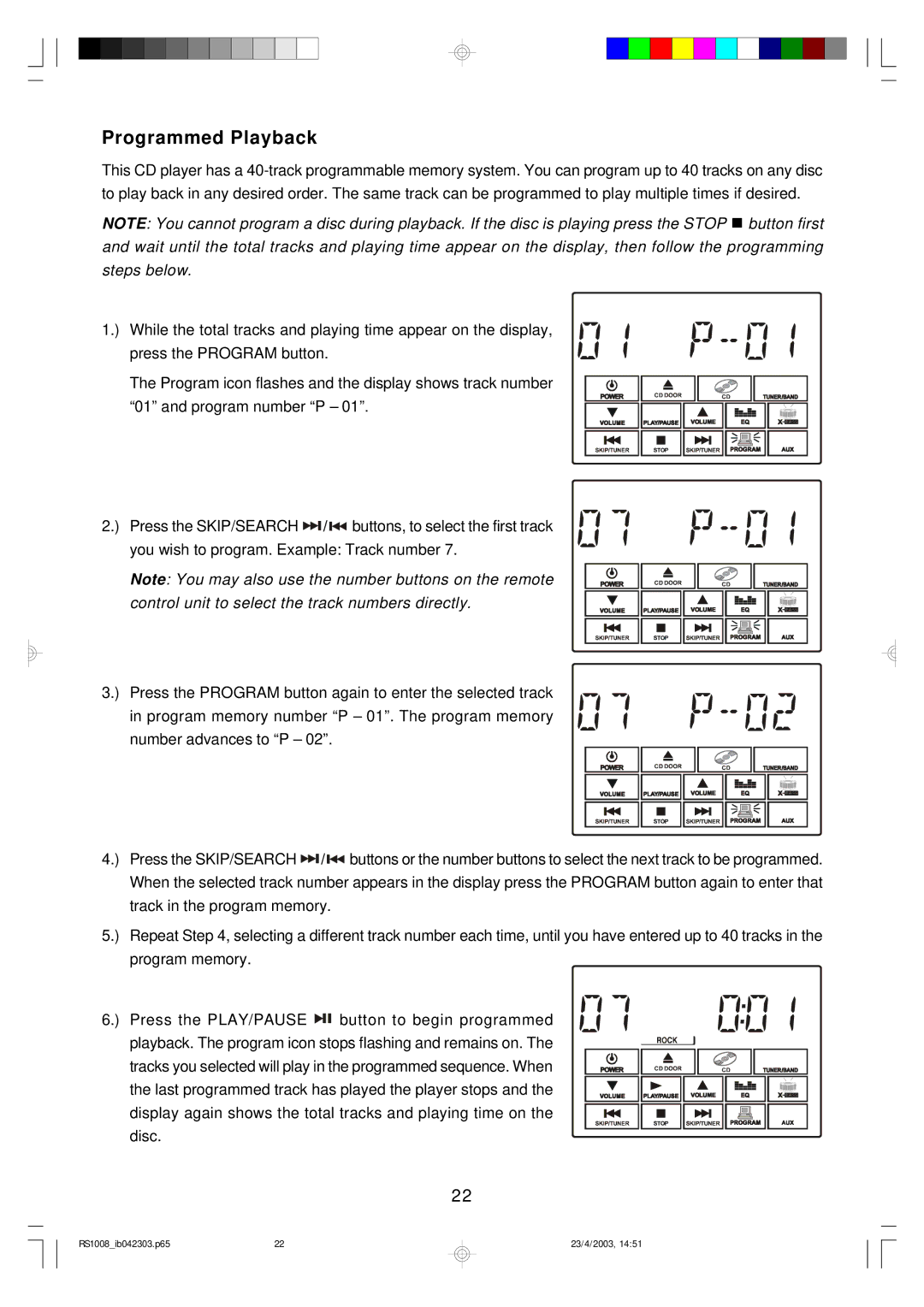 Emerson RS1008 owner manual Programmed Playback 