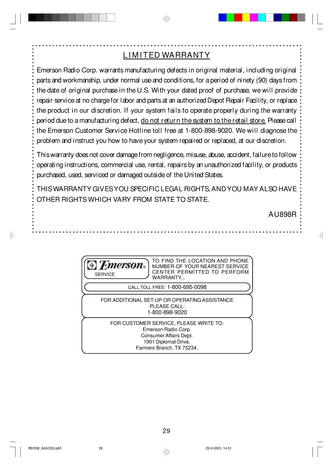 Emerson RS1008 owner manual Limited Warranty 