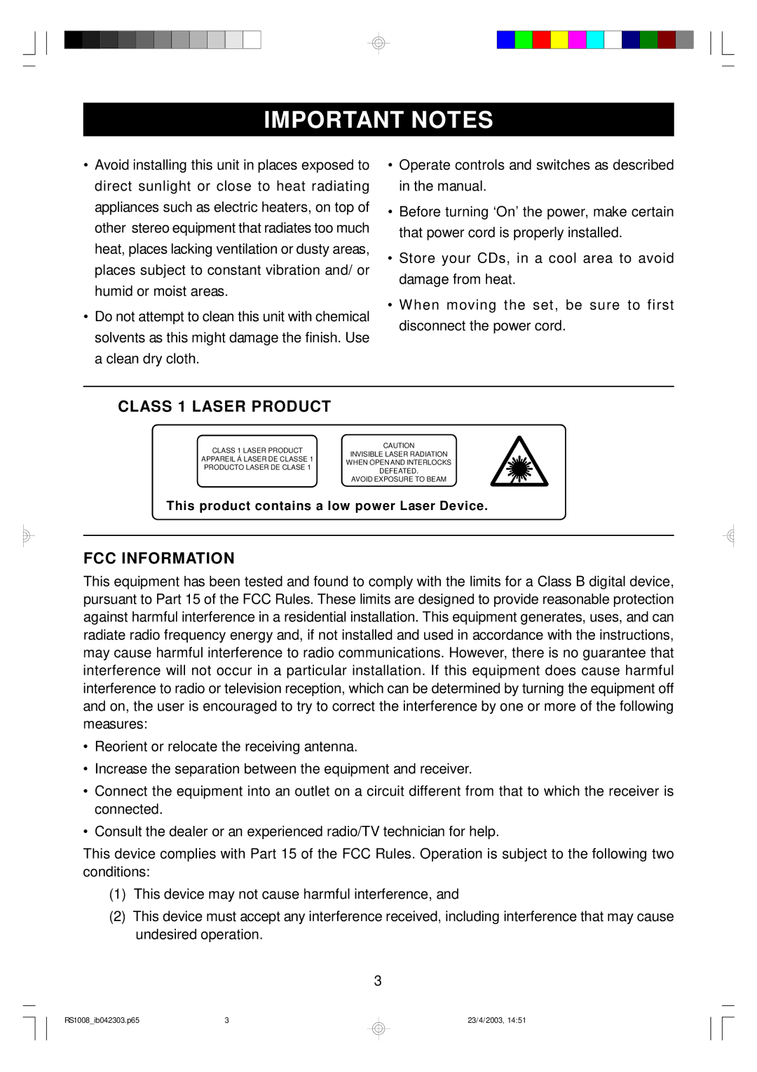 Emerson RS1008 owner manual Important Notes, Class 1 Laser Product, FCC Information 