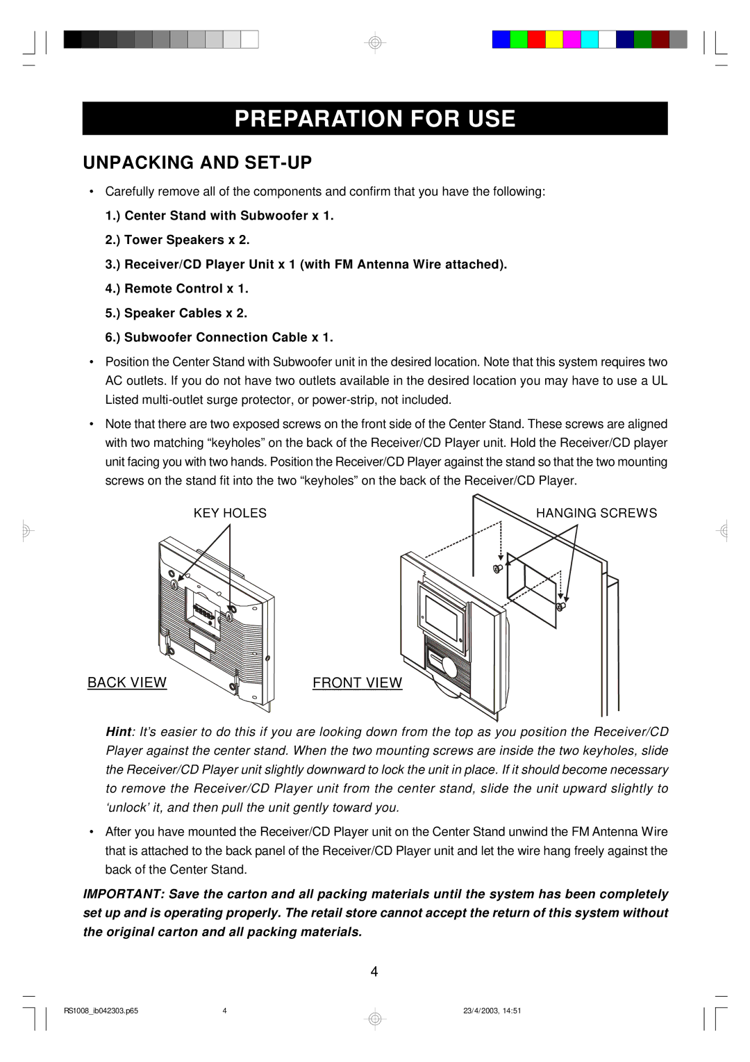 Emerson RS1008 owner manual Preparation for USE, Unpacking and SET-UP, KEY Holes Hanging Screws 