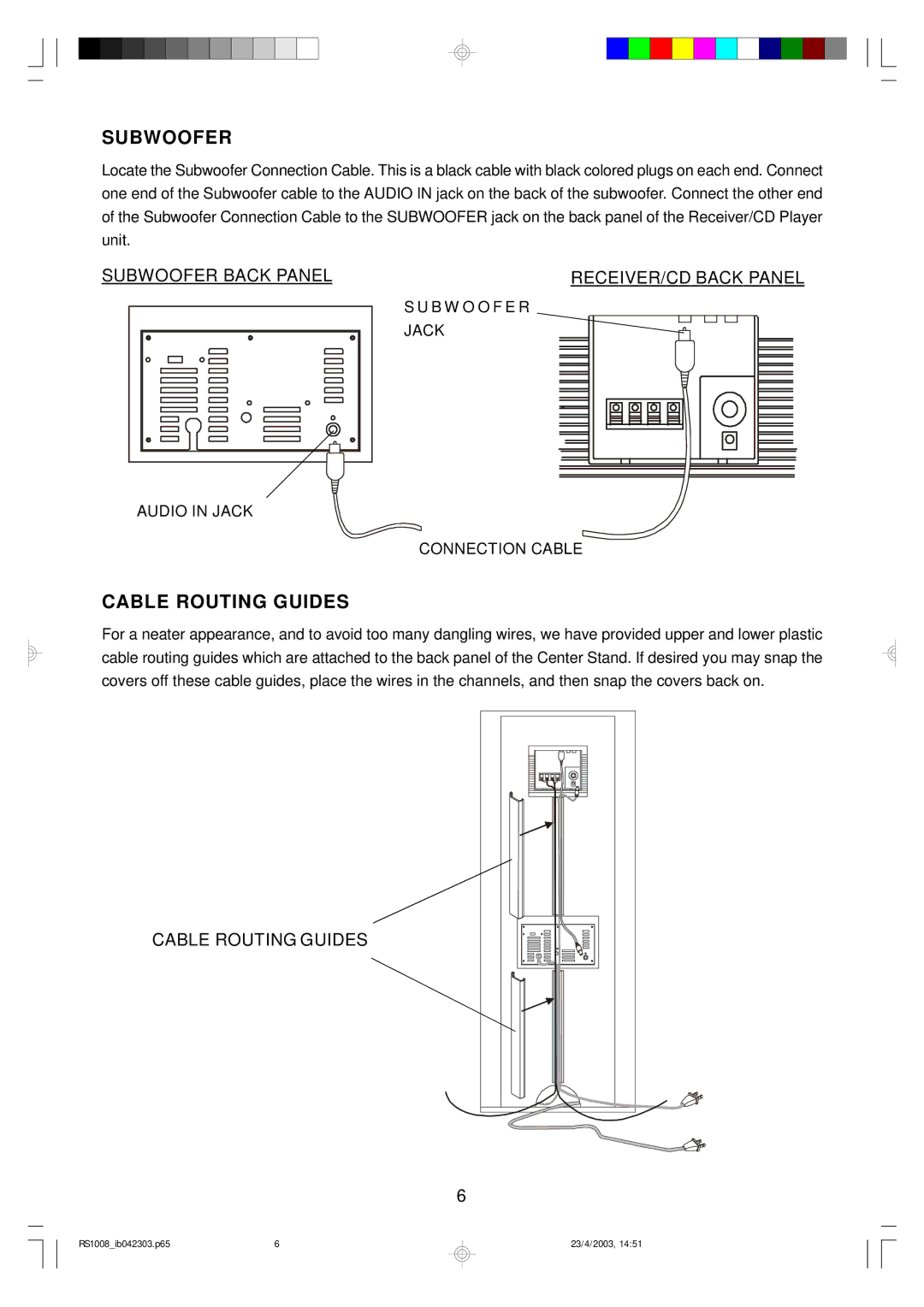 Emerson RS1008 owner manual Subwoofer, Cable Routing Guides, B W O O F E R Jack Audio in Jack Connection Cable 