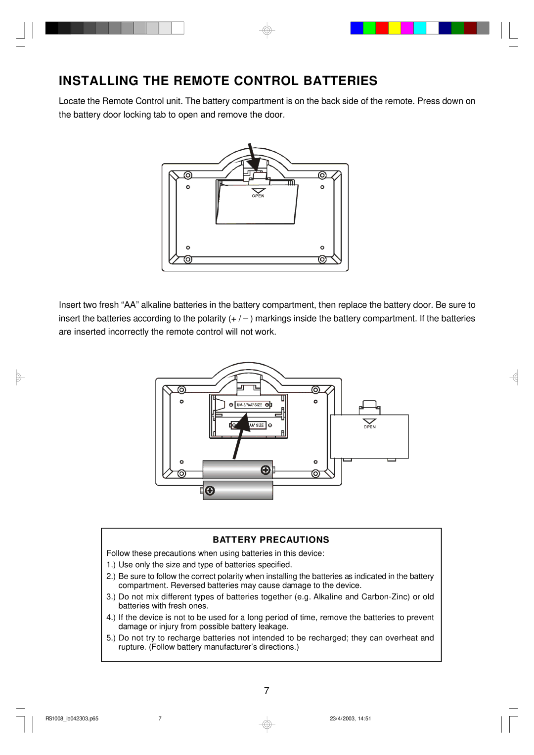 Emerson RS1008 owner manual Installing the Remote Control Batteries, Battery Precautions 