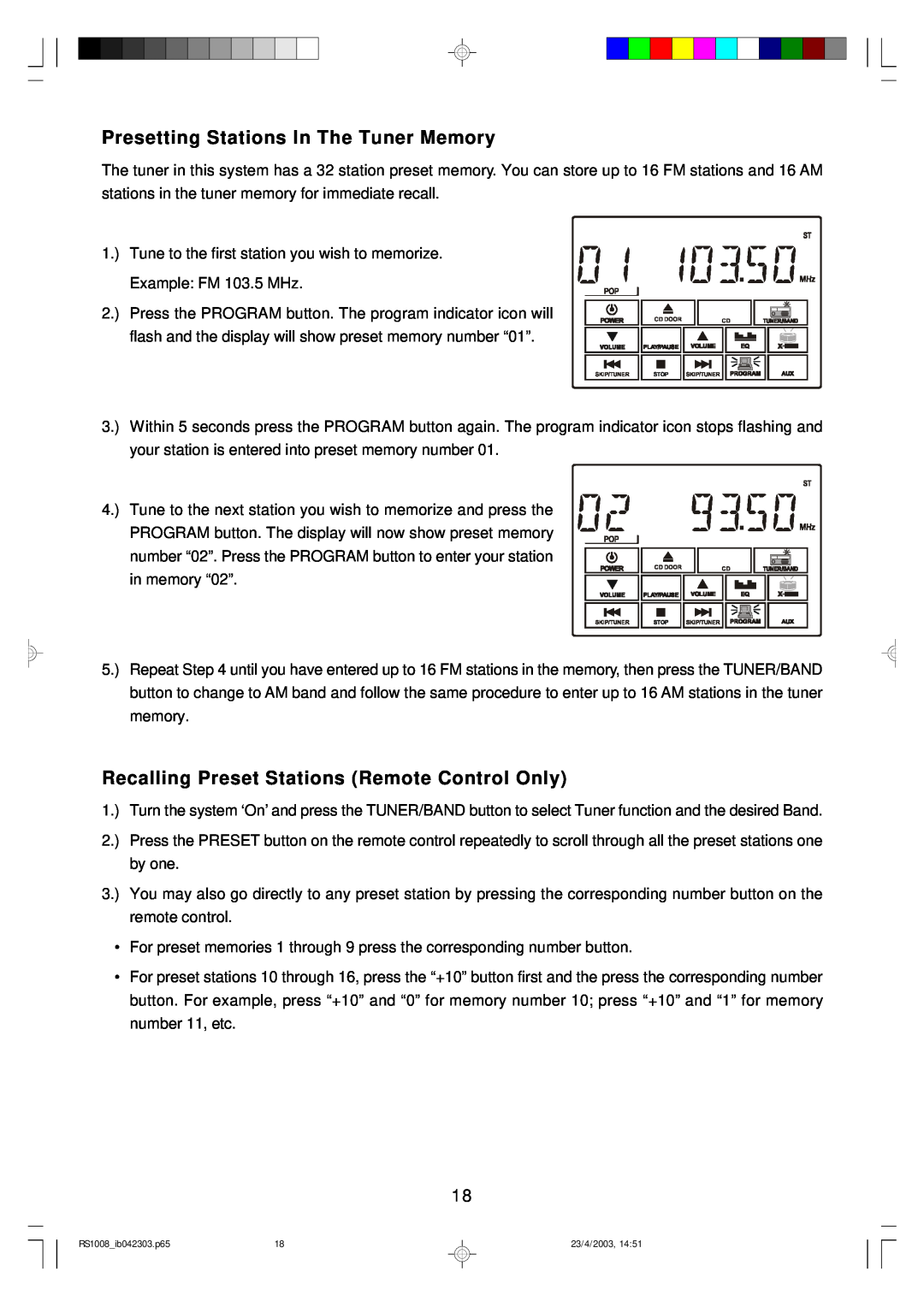 Emerson RS1008 owner manual Presetting Stations In The Tuner Memory, Recalling Preset Stations Remote Control Only 