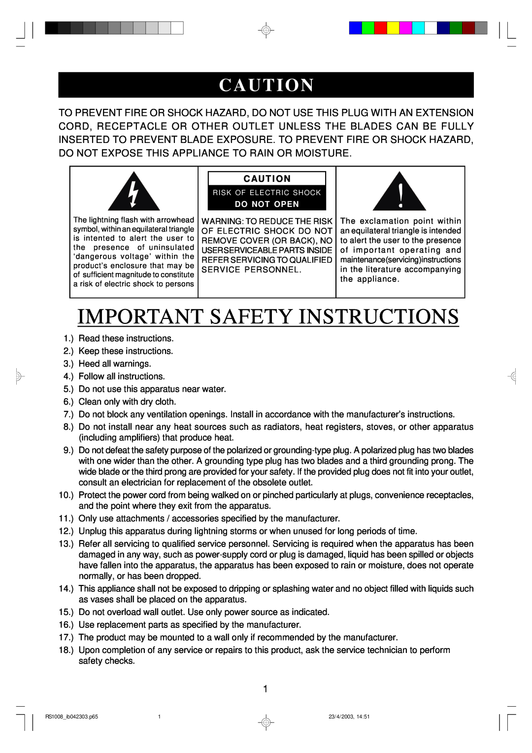 Emerson RS1008 owner manual Important Safety Instructions 