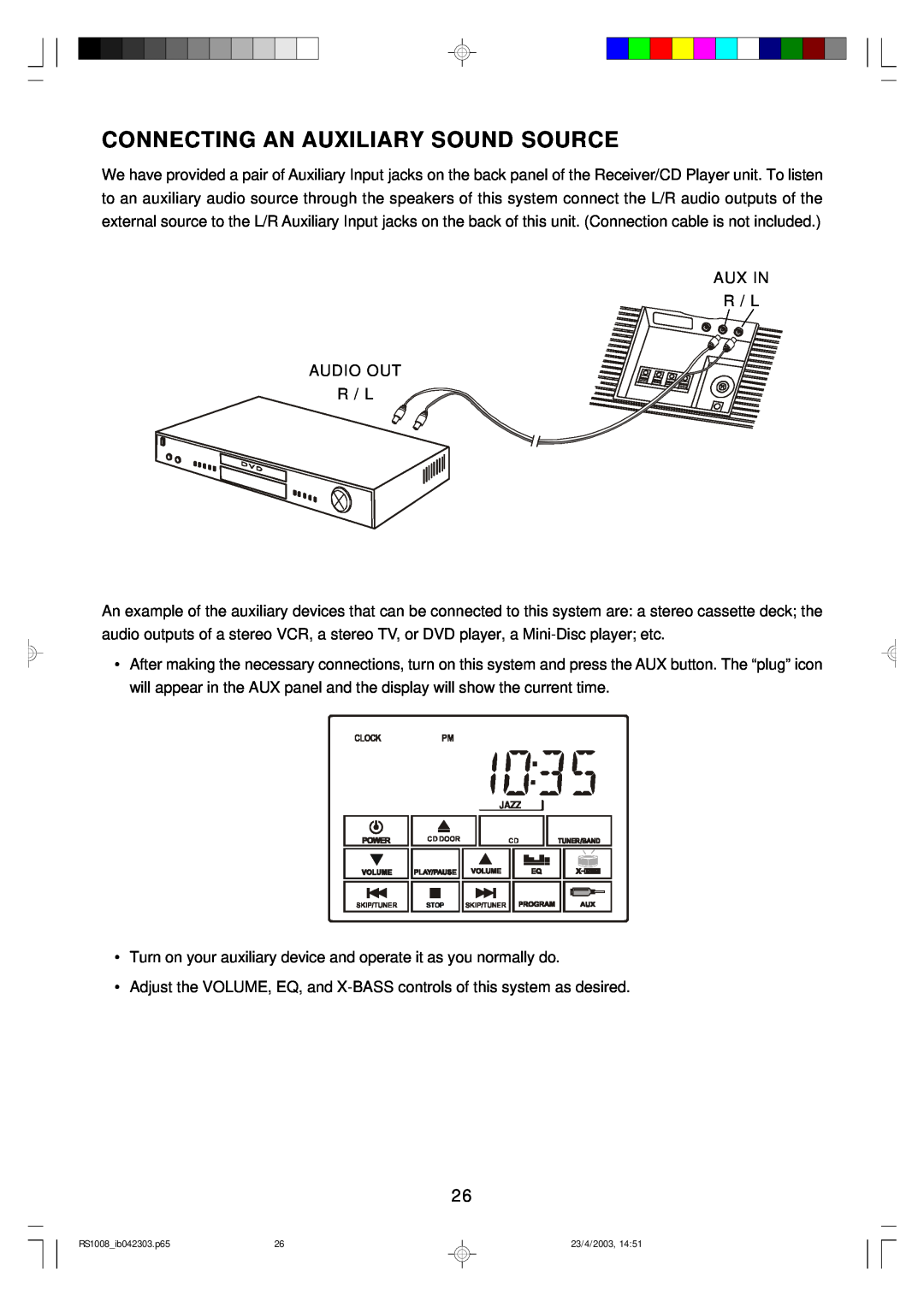 Emerson RS1008 owner manual Connecting An Auxiliary Sound Source 