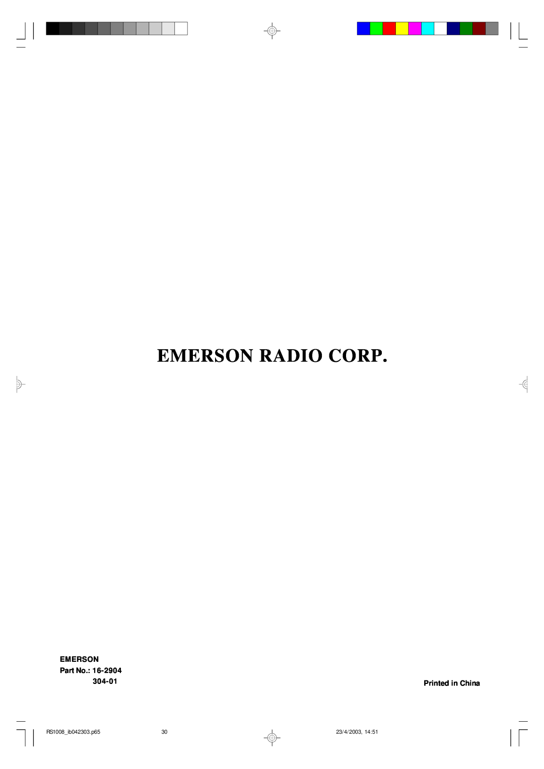Emerson owner manual Emerson Radio Corp, 304-01, RS1008 ib042303.p65, 23/4/2003 