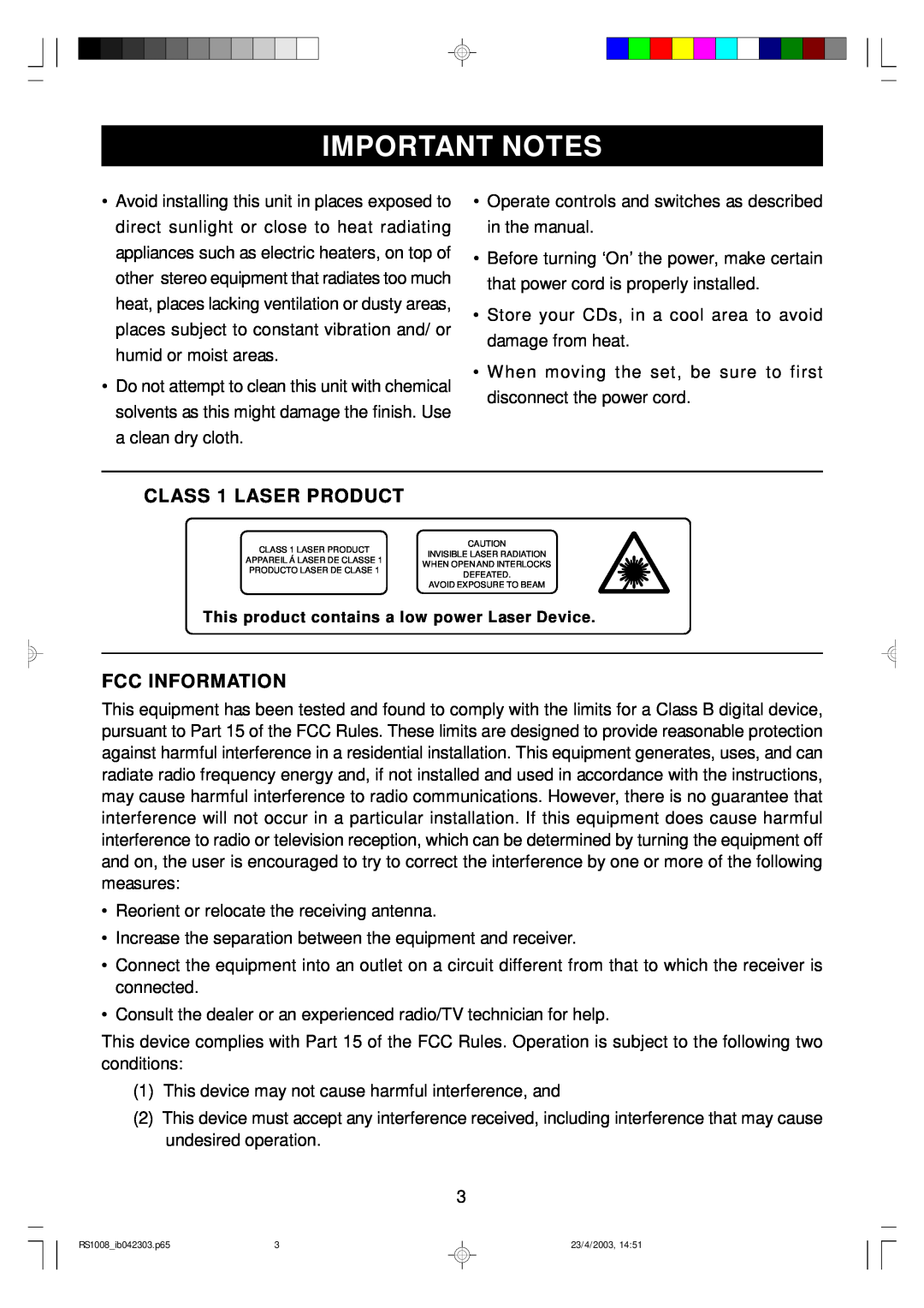 Emerson RS1008 owner manual Important Notes, CLASS 1 LASER PRODUCT, Fcc Information 