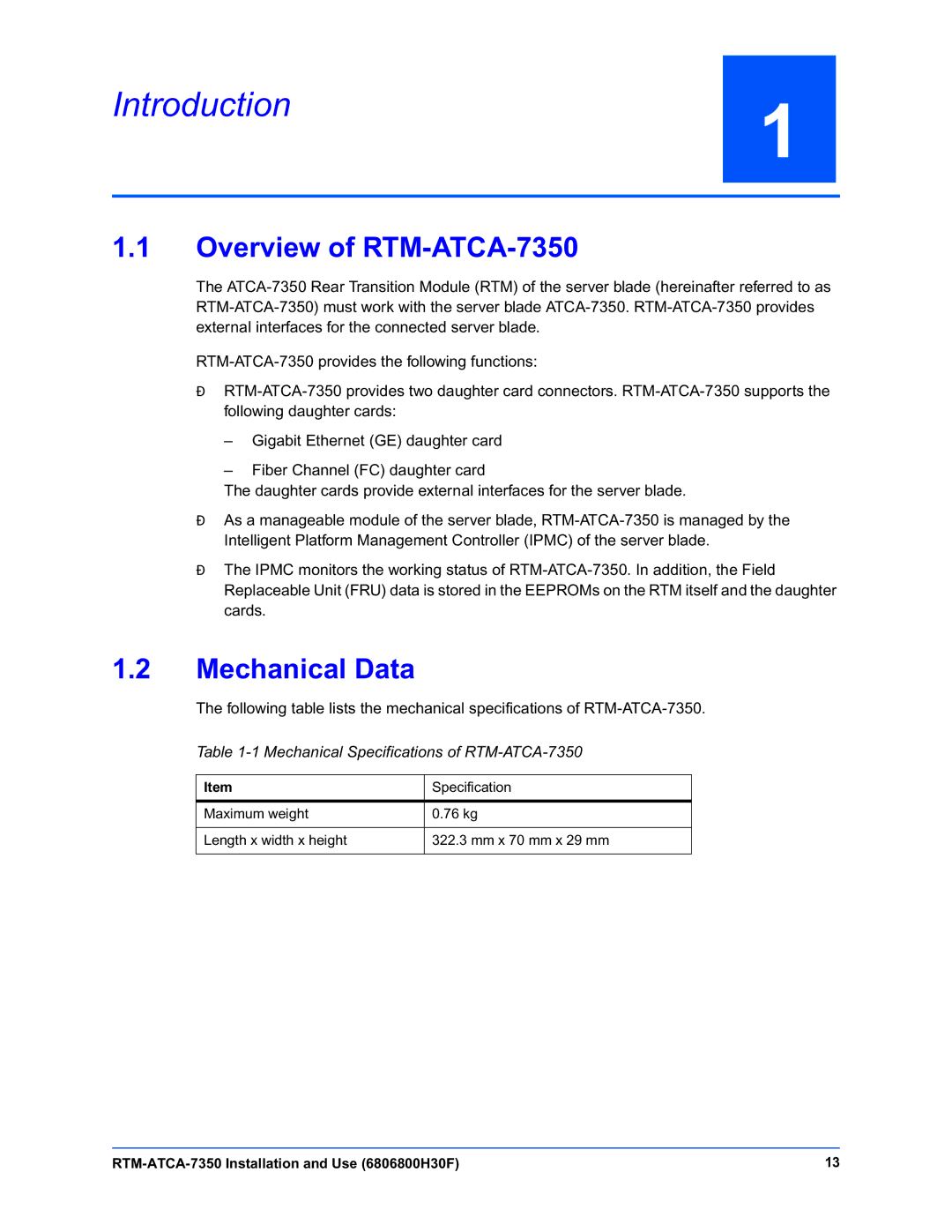 Emerson manual Introduction, Overview of RTM-ATCA-7350, Mechanical Data, Mechanical Specifications of RTM-ATCA-7350 