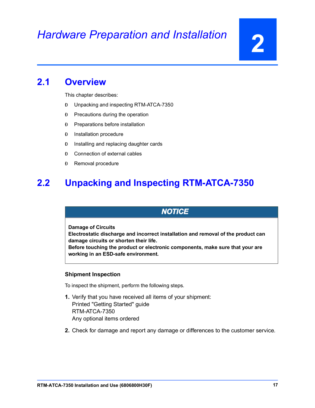 Emerson manual Hardware Preparation and Installation, Overview, Unpacking and Inspecting RTM-ATCA-7350 