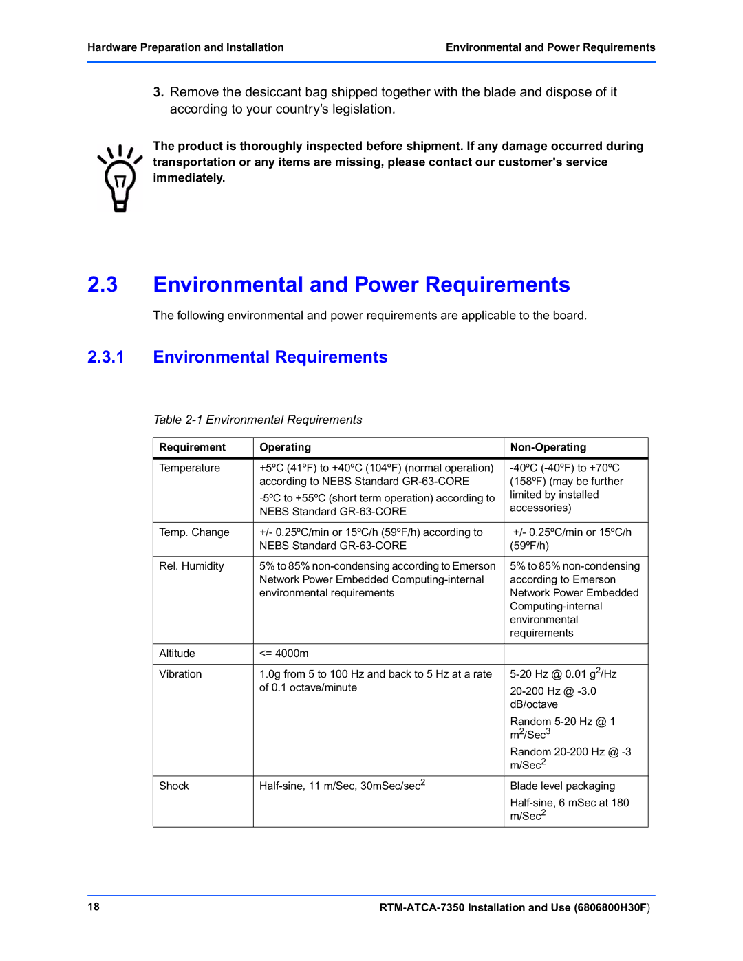 Emerson RTM-ATCA-7350 manual Environmental and Power Requirements, Environmental Requirements 