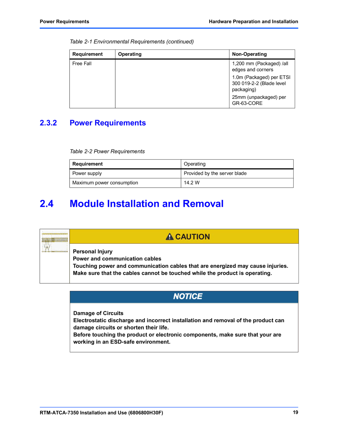 Emerson RTM-ATCA-7350 manual Module Installation and Removal, Power Requirements 