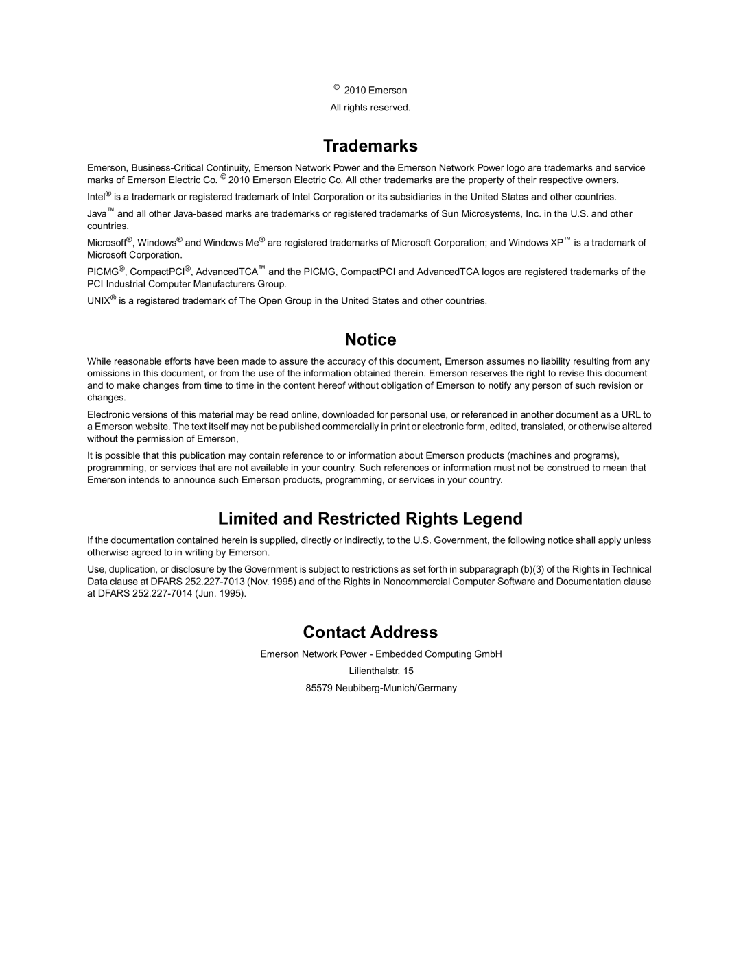 Emerson RTM-ATCA-7350 manual Contact Address 