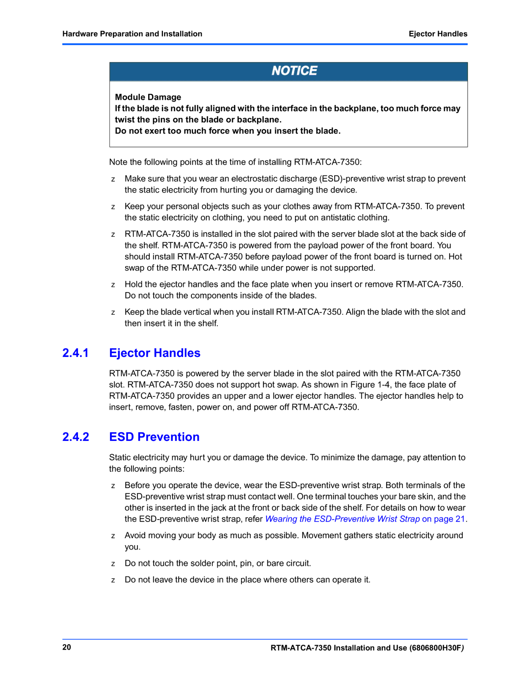 Emerson RTM-ATCA-7350 manual ESD Prevention, Hardware Preparation and Installation Ejector Handles 