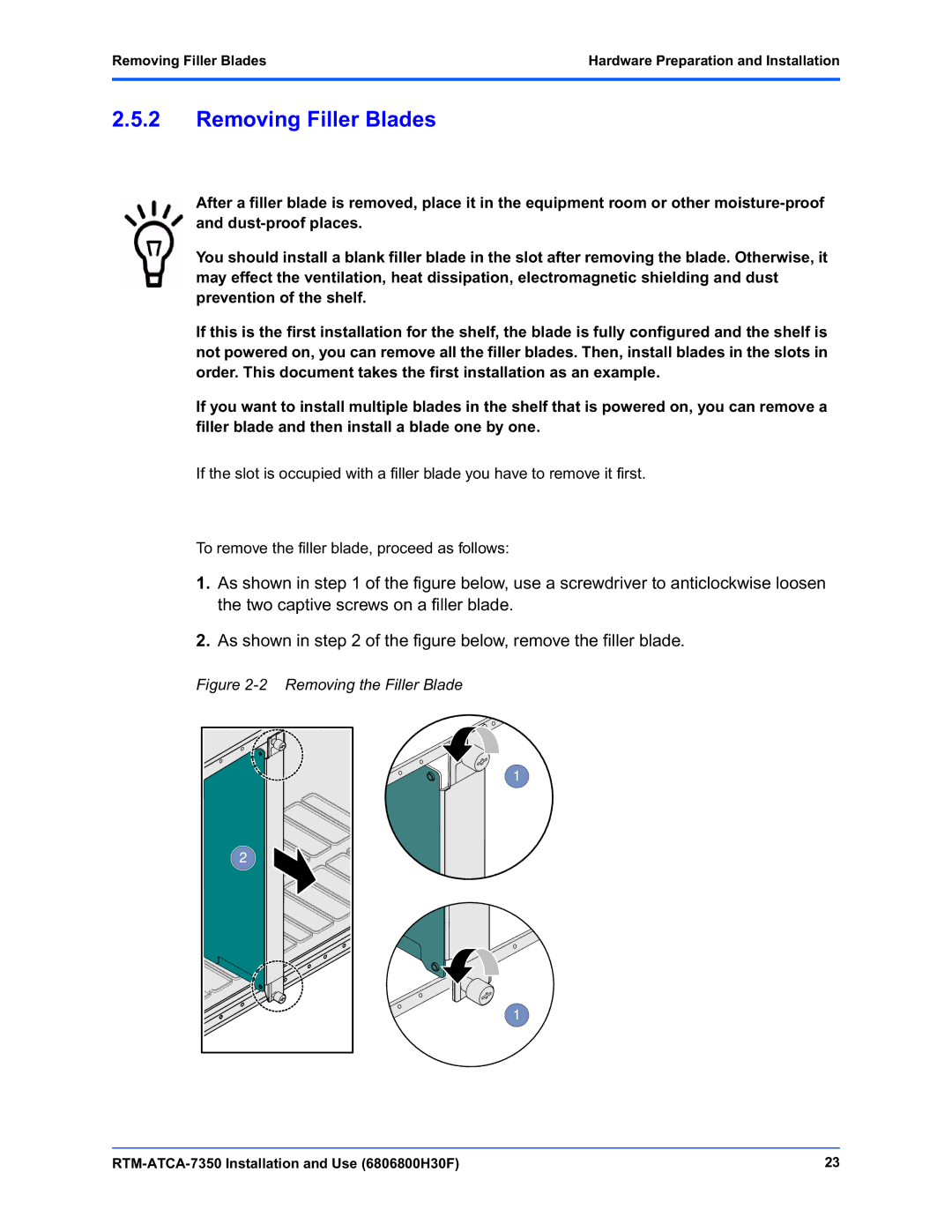 Emerson RTM-ATCA-7350 manual Removing Filler Blades, Removing the Filler Blade 