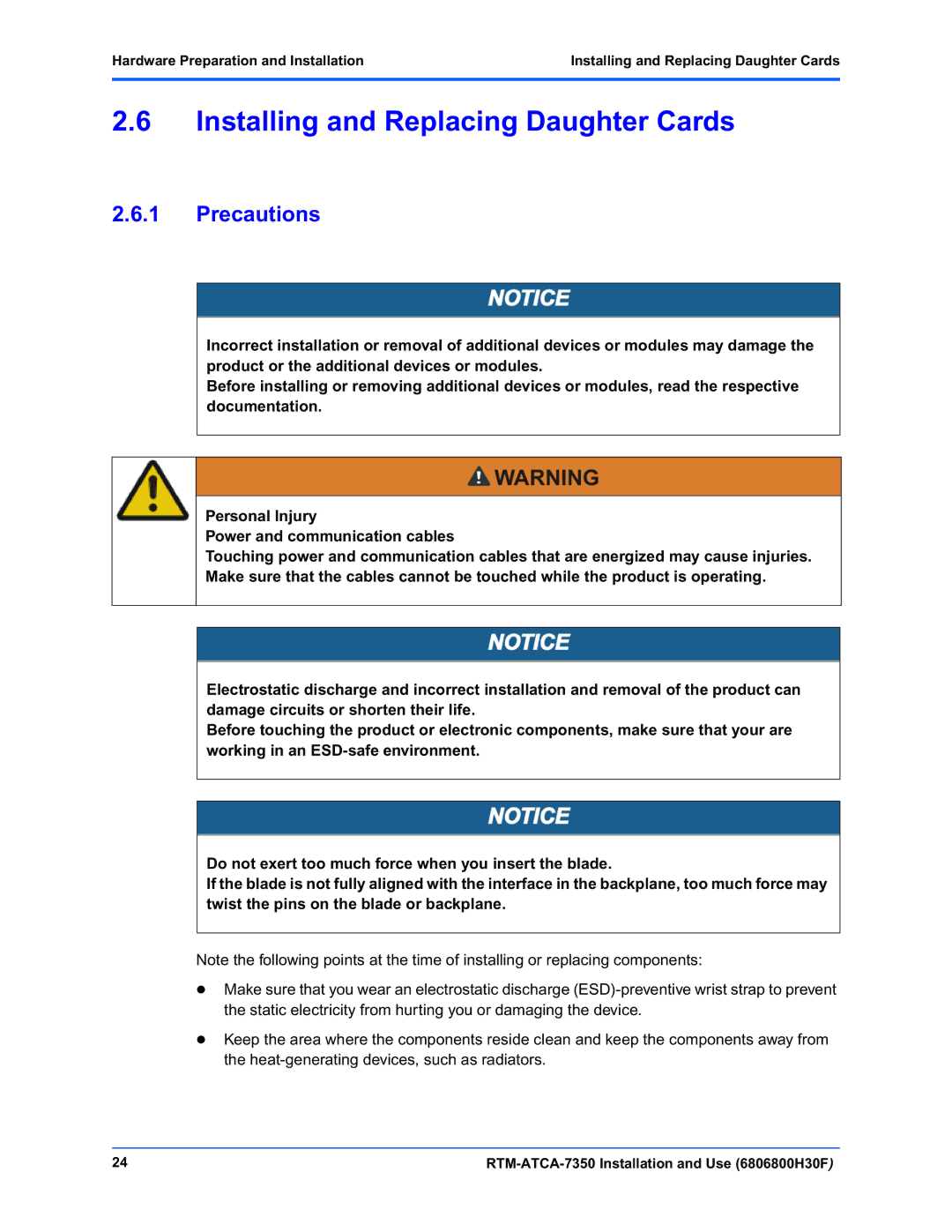 Emerson RTM-ATCA-7350 manual Installing and Replacing Daughter Cards, Precautions 