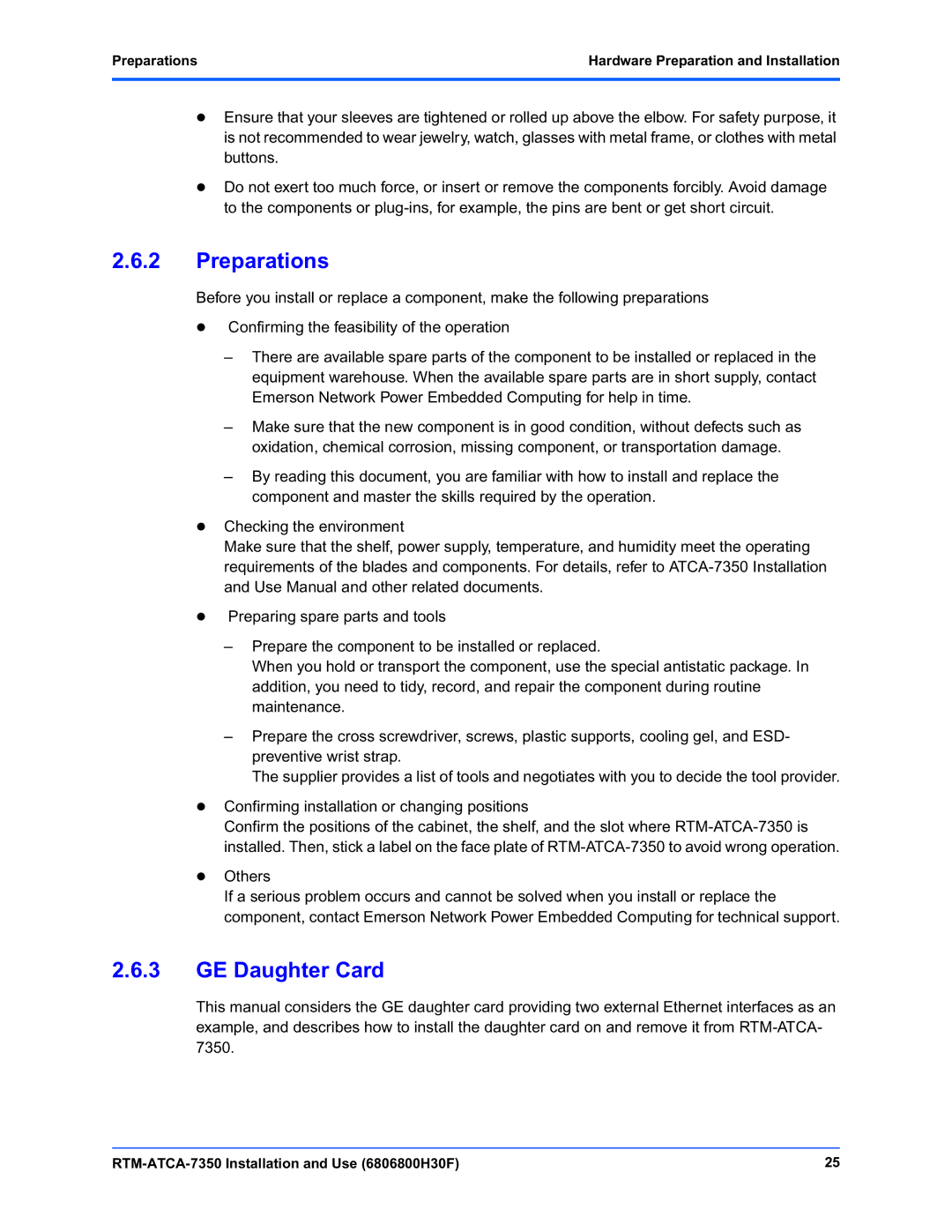 Emerson RTM-ATCA-7350 manual GE Daughter Card, Preparations Hardware Preparation and Installation 