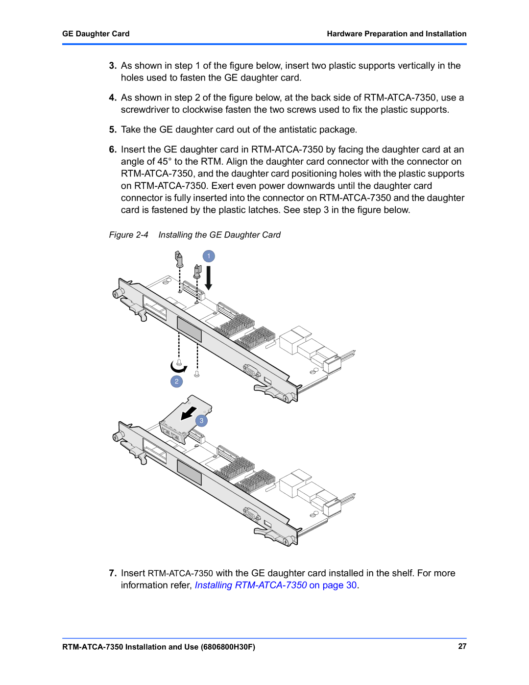 Emerson RTM-ATCA-7350 manual Installing the GE Daughter Card, GE Daughter Card Hardware Preparation and Installation 