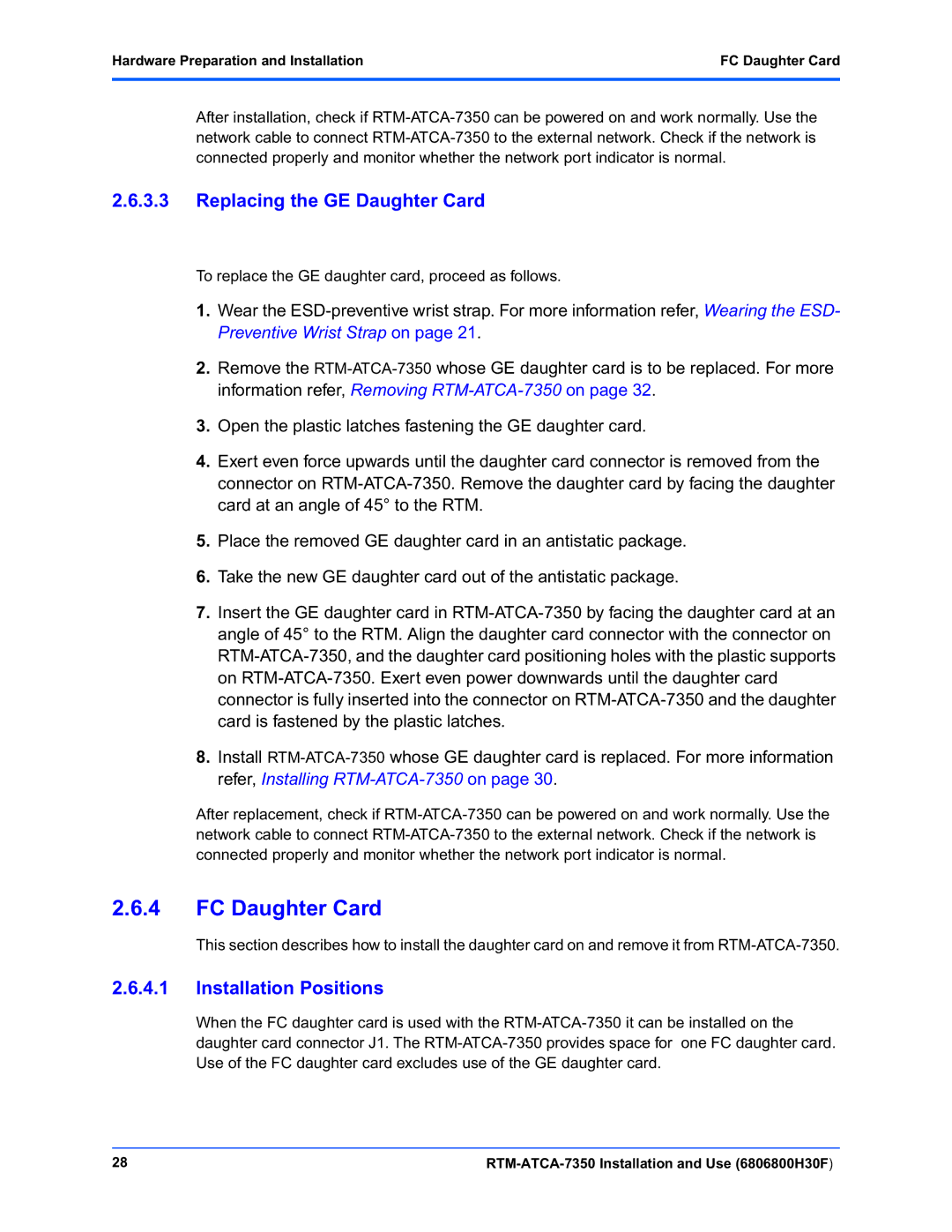 Emerson RTM-ATCA-7350 manual Hardware Preparation and Installation FC Daughter Card 