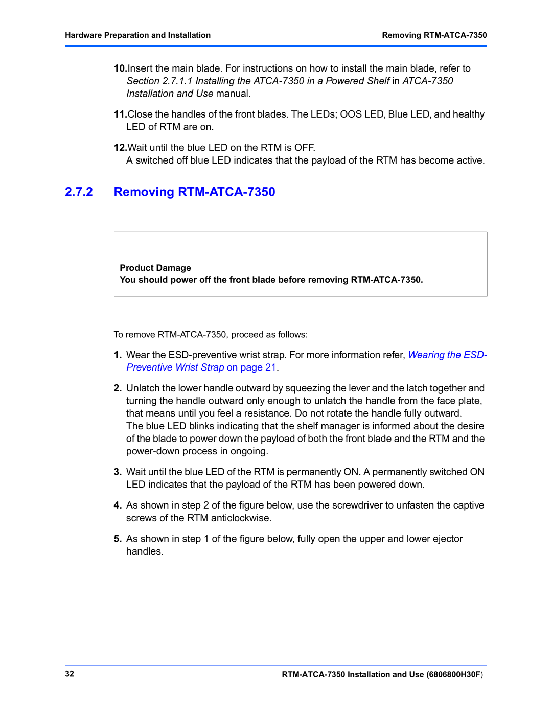 Emerson manual Hardware Preparation and Installation Removing RTM-ATCA-7350 