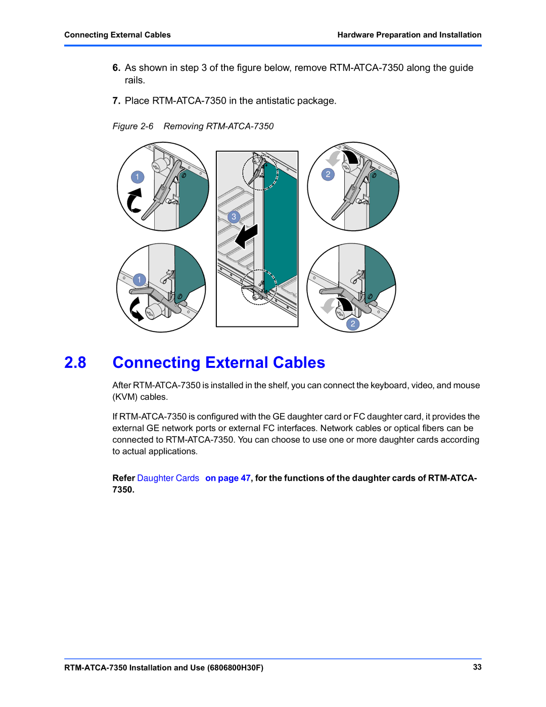 Emerson manual Connecting External Cables, Removing RTM-ATCA-7350 