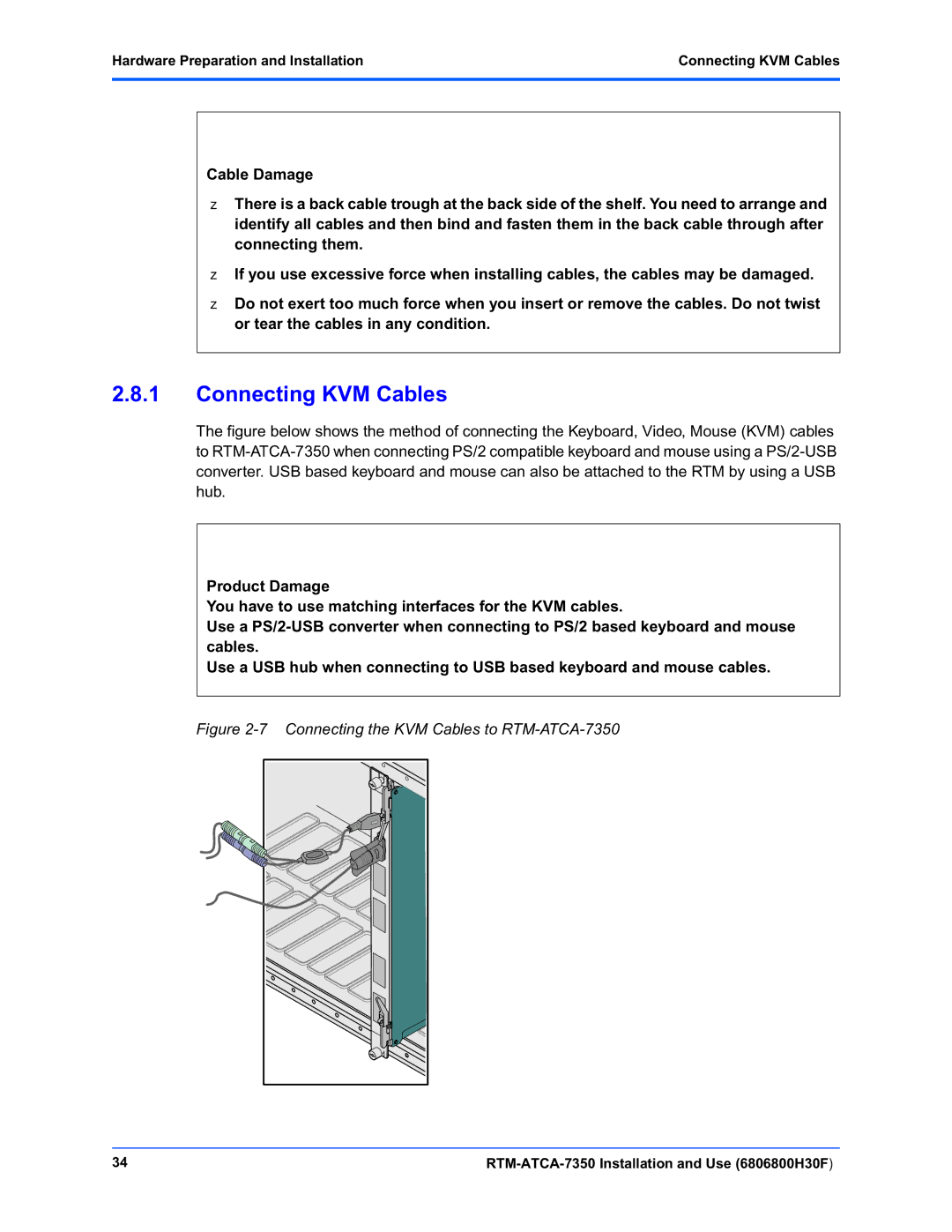 Emerson RTM-ATCA-7350 manual Hardware Preparation and Installation Connecting KVM Cables 