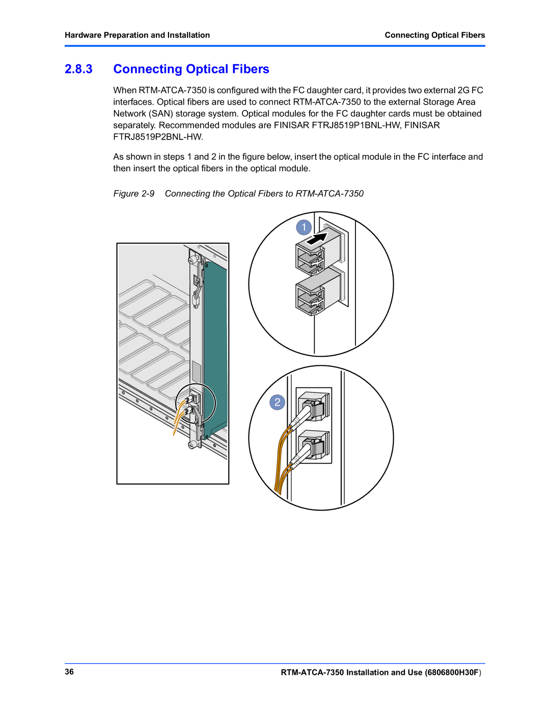 Emerson manual Connecting Optical Fibers, Connecting the Optical Fibers to RTM-ATCA-7350 