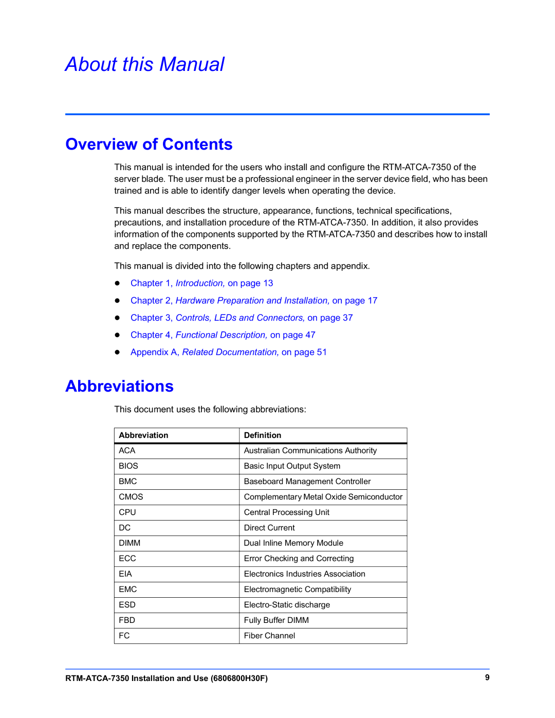 Emerson RTM-ATCA-7350 manual About this Manual, Overview of Contents, Abbreviations 