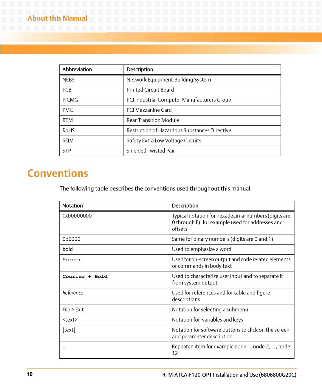 Emerson RTM-ATCA-F120-OPT manual Conventions, About this Manual, Notation Description, Bold 