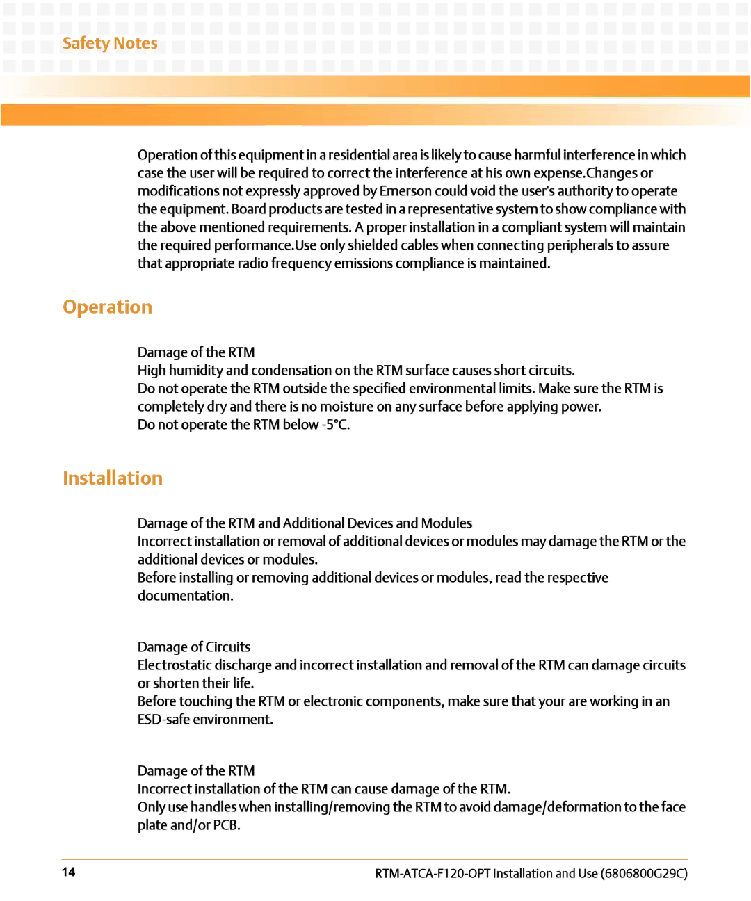 Emerson RTM-ATCA-F120-OPT manual Operation, Installation, Safety Notes 