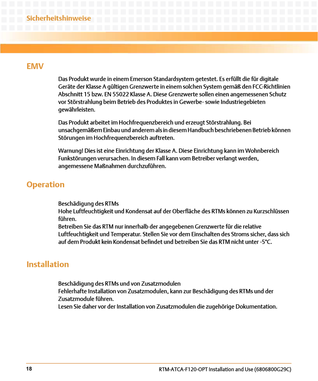 Emerson RTM-ATCA-F120-OPT manual Emv, Sicherheitshinweise 