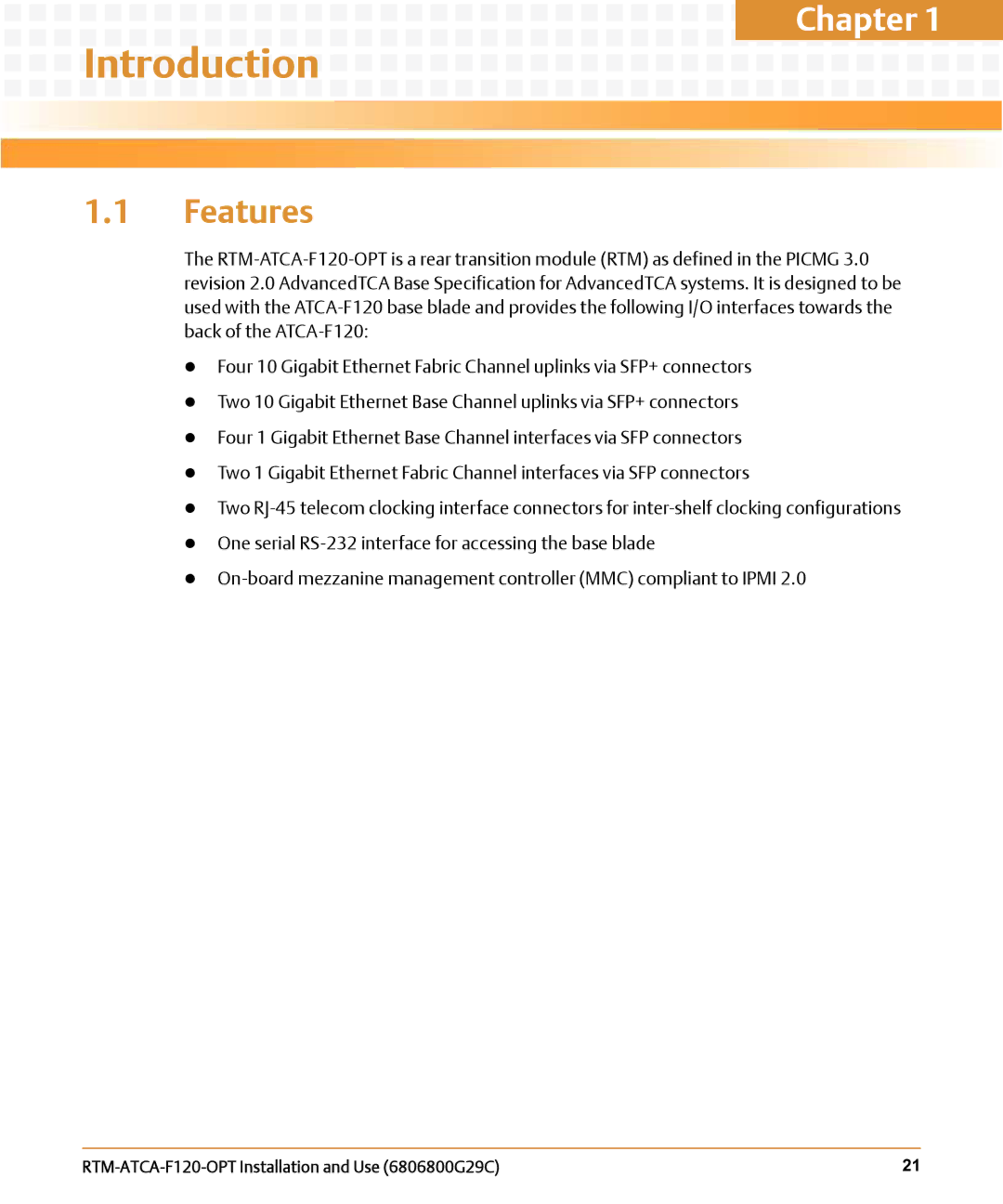 Emerson RTM-ATCA-F120-OPT manual Introduction, Features 