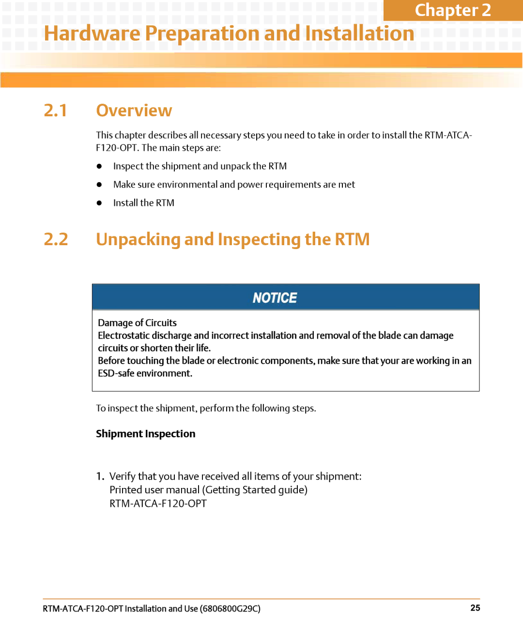 Emerson RTM-ATCA-F120-OPT manual Hardware Preparation and Installation, Overview, Unpacking and Inspecting the RTM 