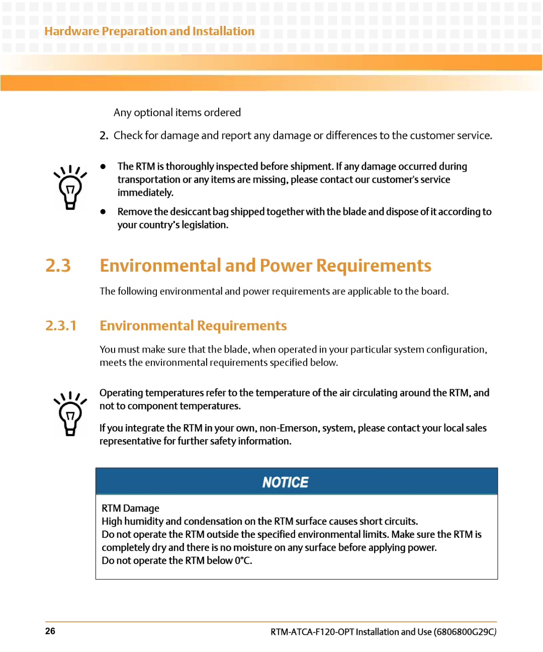 Emerson RTM-ATCA-F120-OPT manual Environmental and Power Requirements, Environmental Requirements 