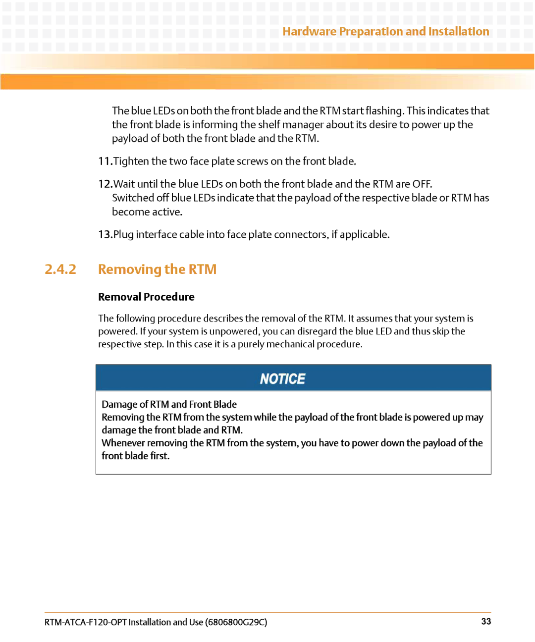 Emerson RTM-ATCA-F120-OPT manual Removing the RTM, Removal Procedure 