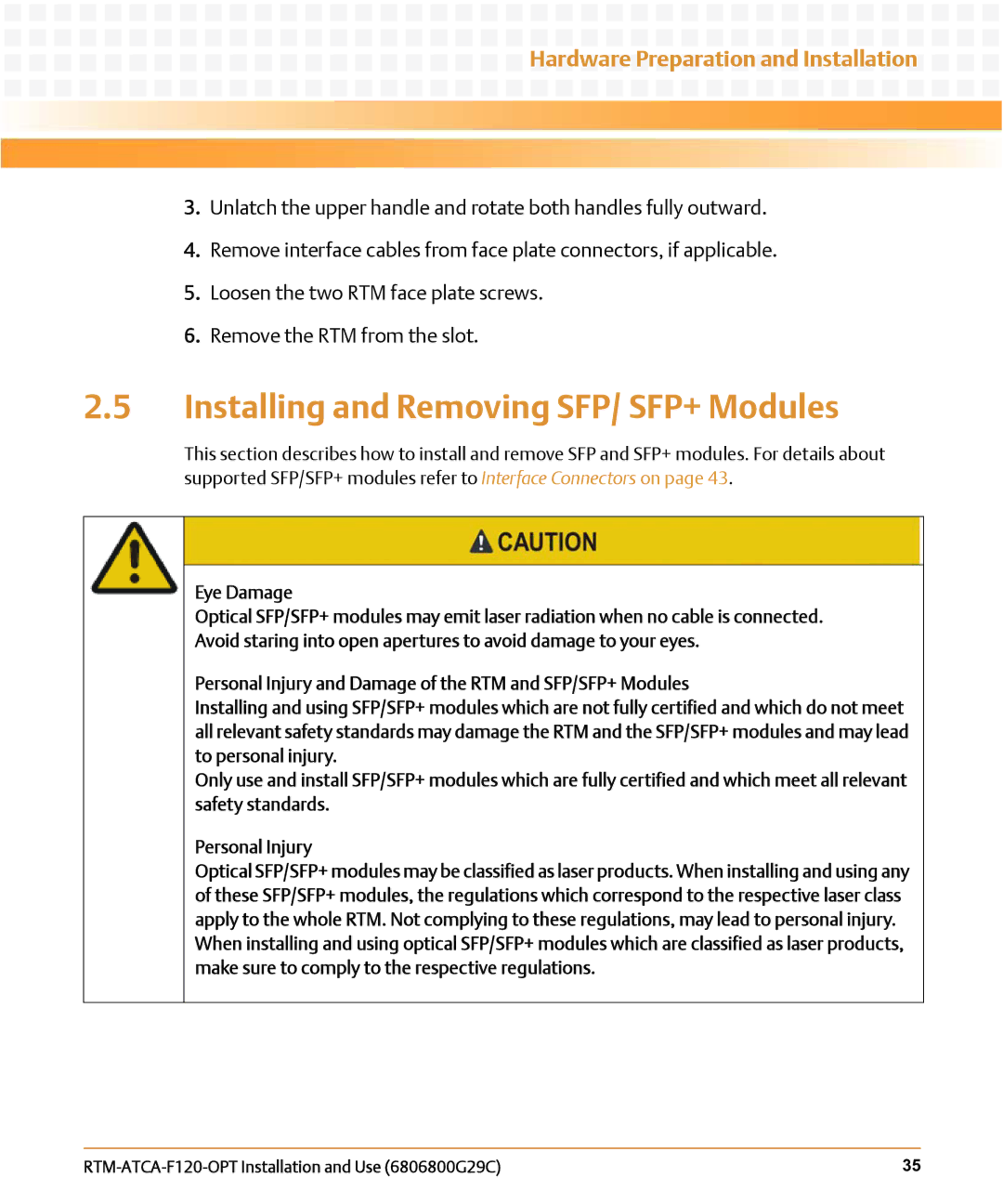 Emerson RTM-ATCA-F120-OPT manual Installing and Removing SFP/ SFP+ Modules 