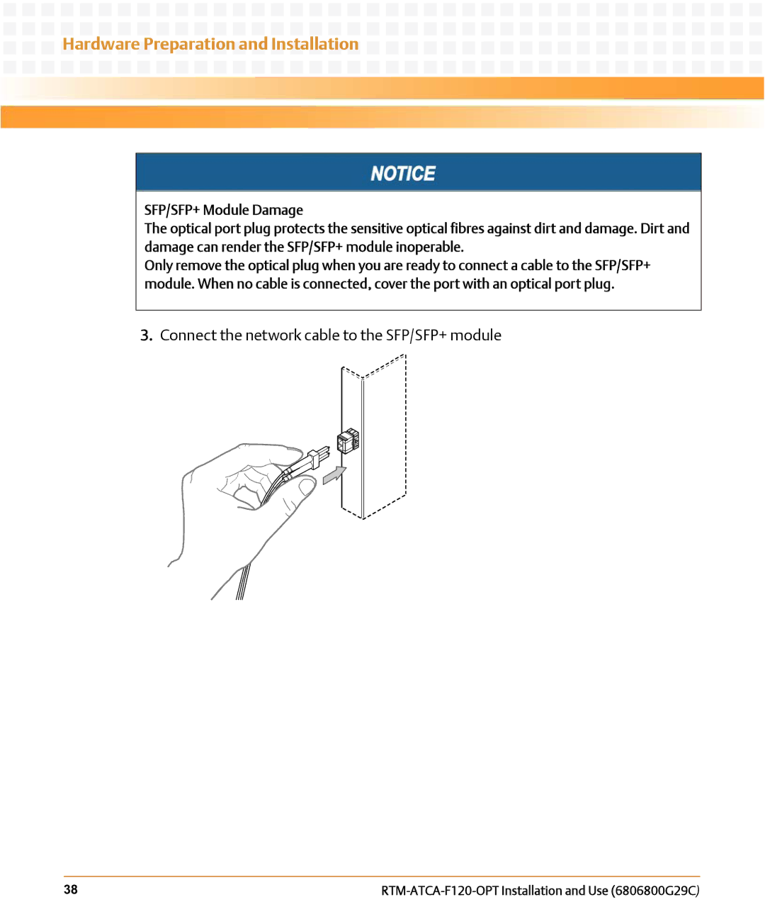 Emerson RTM-ATCA-F120-OPT manual Connect the network cable to the SFP/SFP+ module 