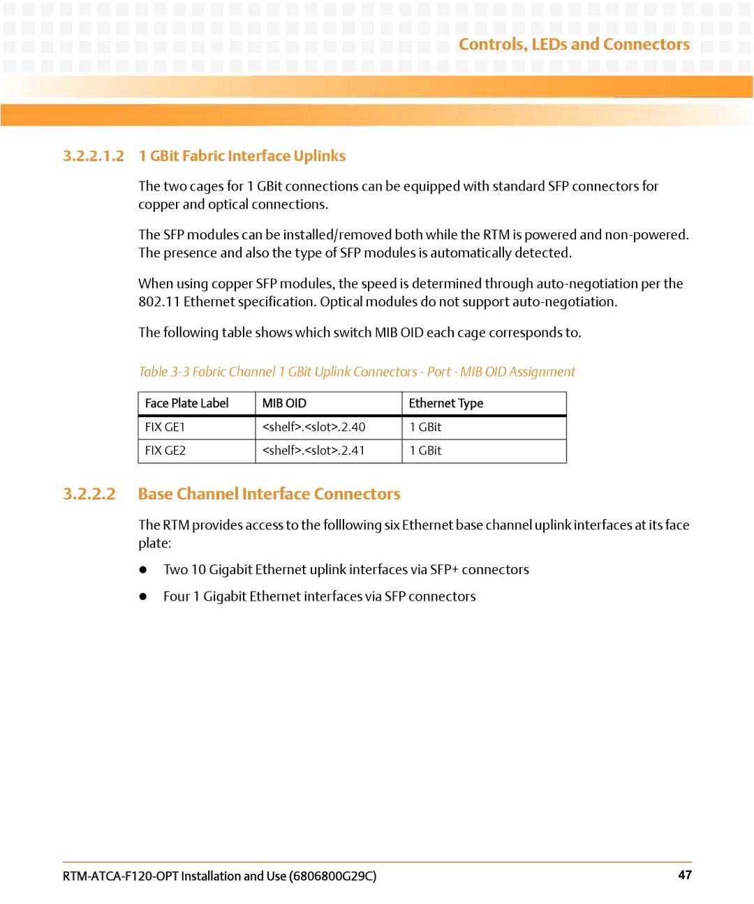 Emerson RTM-ATCA-F120-OPT manual Base Channel Interface Connectors, 2.1.2 1 GBit Fabric Interface Uplinks 