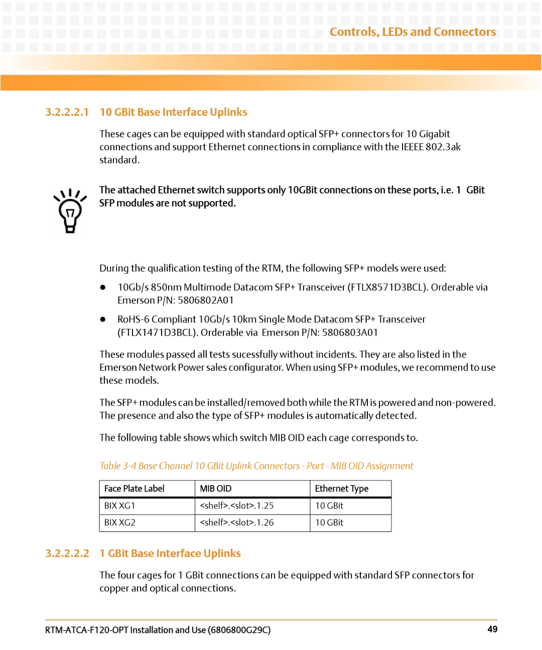 Emerson RTM-ATCA-F120-OPT manual 2.2.1 10 GBit Base Interface Uplinks 