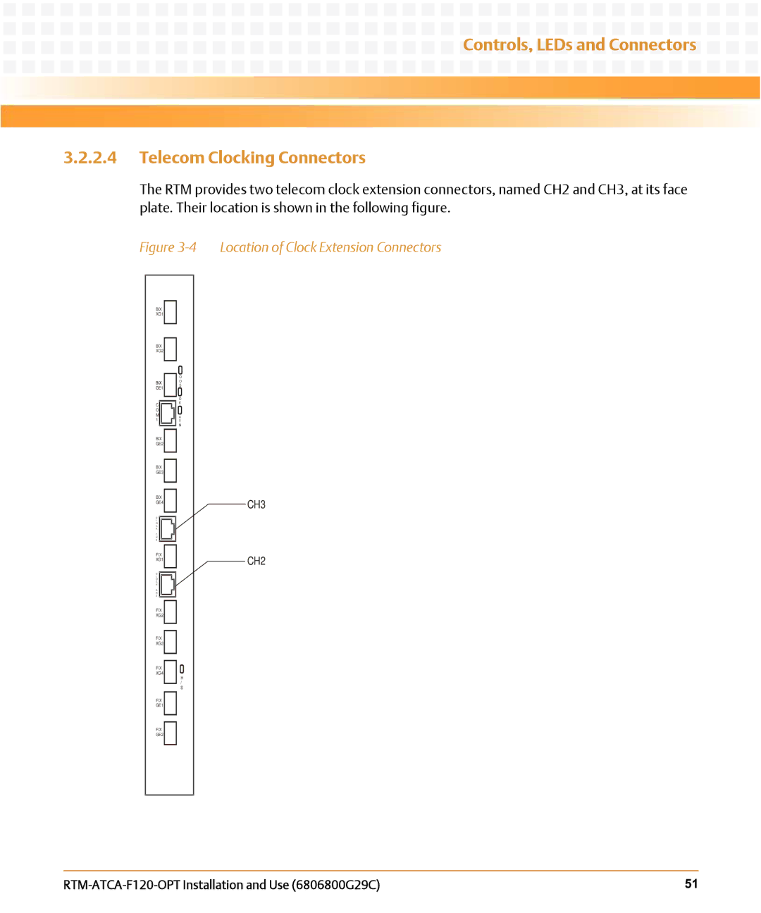 Emerson RTM-ATCA-F120-OPT manual Controls, LEDs and Connectors Telecom Clocking Connectors 