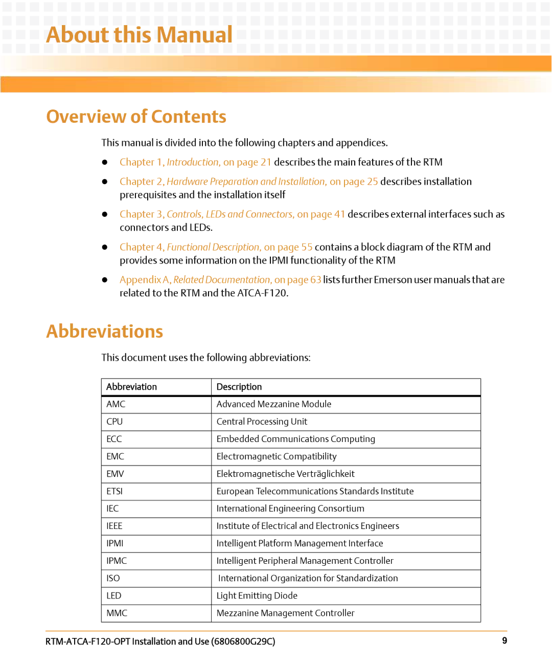 Emerson RTM-ATCA-F120-OPT manual About this Manual, Overview of Contents, Abbreviations 