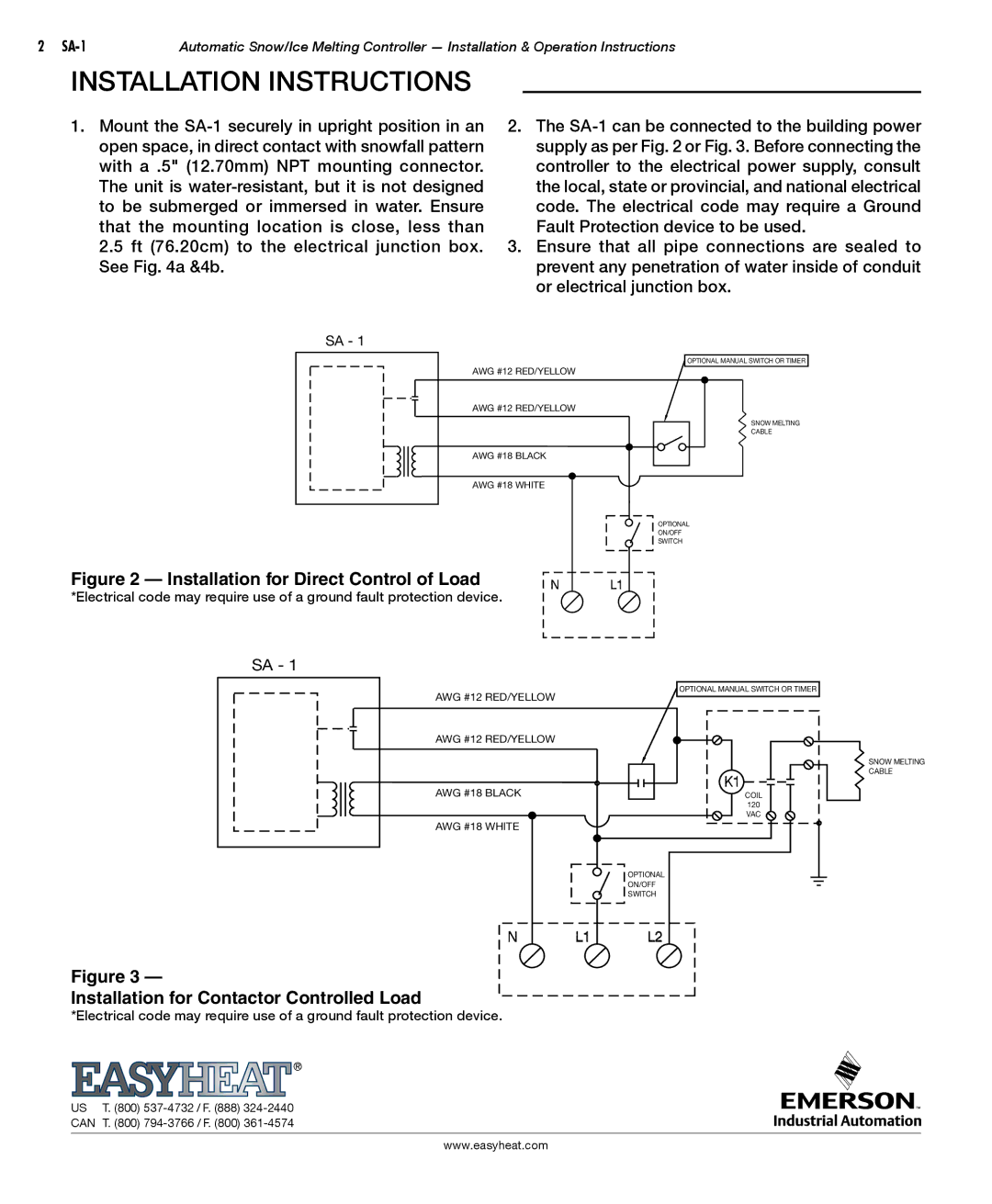 Emerson SA-1 manual Installation Instructions, Installation for Contactor Controlled Load 