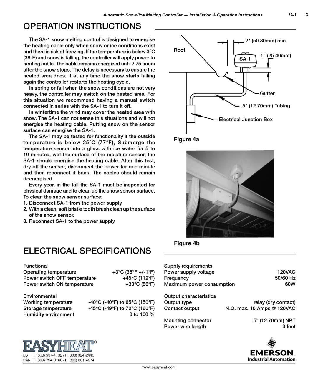 Emerson SA-1 manual Operation Instructions, Electrical Specifications 