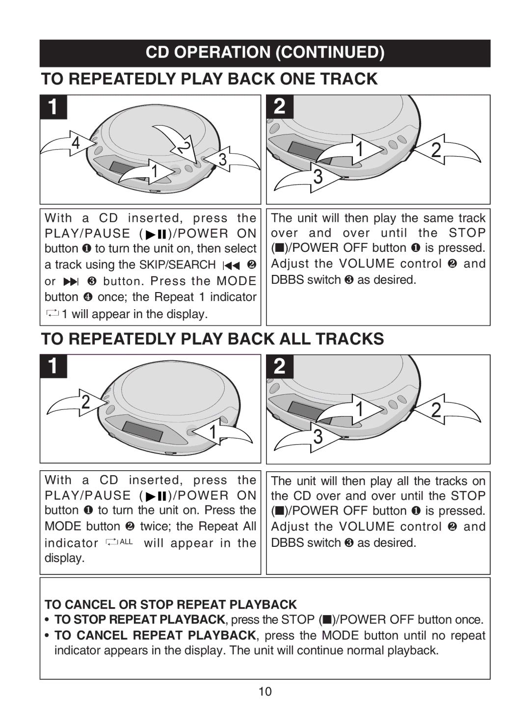 Emerson SB110A, SB111 owner manual To Repeatedly Play Back ONE Track, To Repeatedly Play Back ALL Tracks 