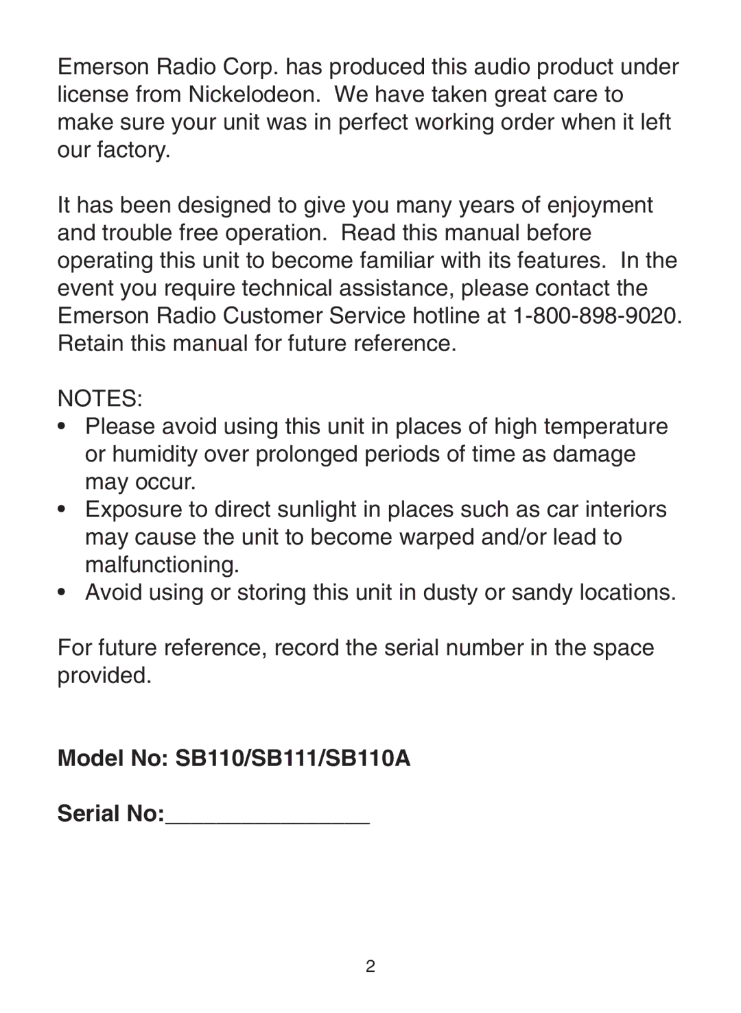 Emerson owner manual Model No SB110/SB111/SB110A Serial No 