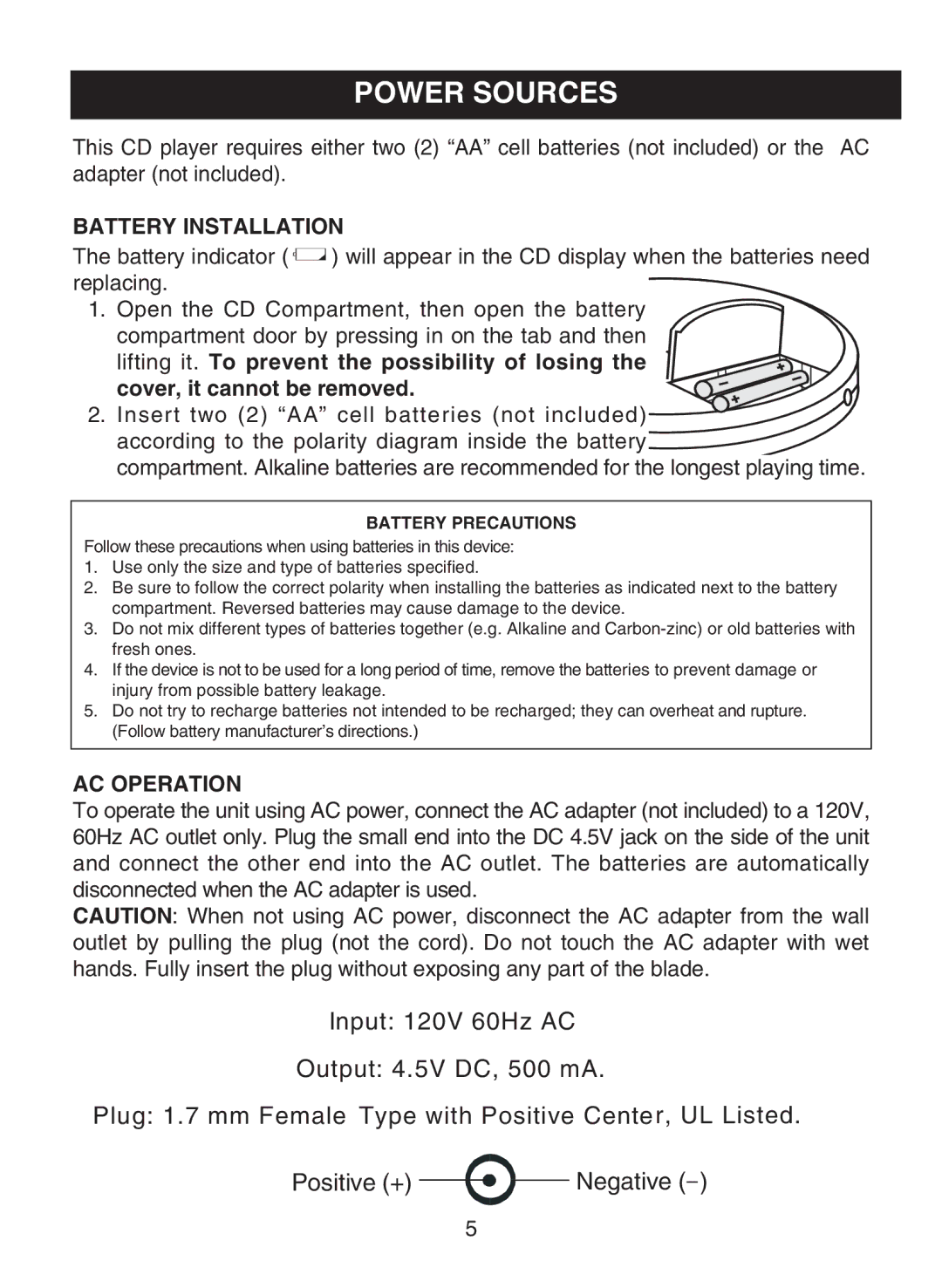 Emerson SB110A, SB111 owner manual Power Sources, Battery Installation 