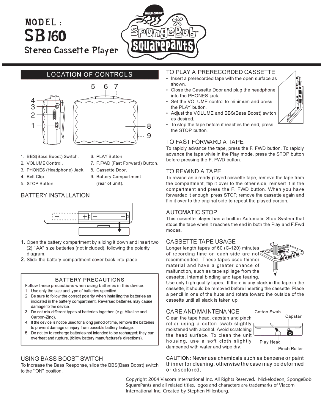 Emerson SB160 manual Battery Installation, To Play a Prerecorded Cassette, To Fast Forward a Tape, To Rewind a Tape 