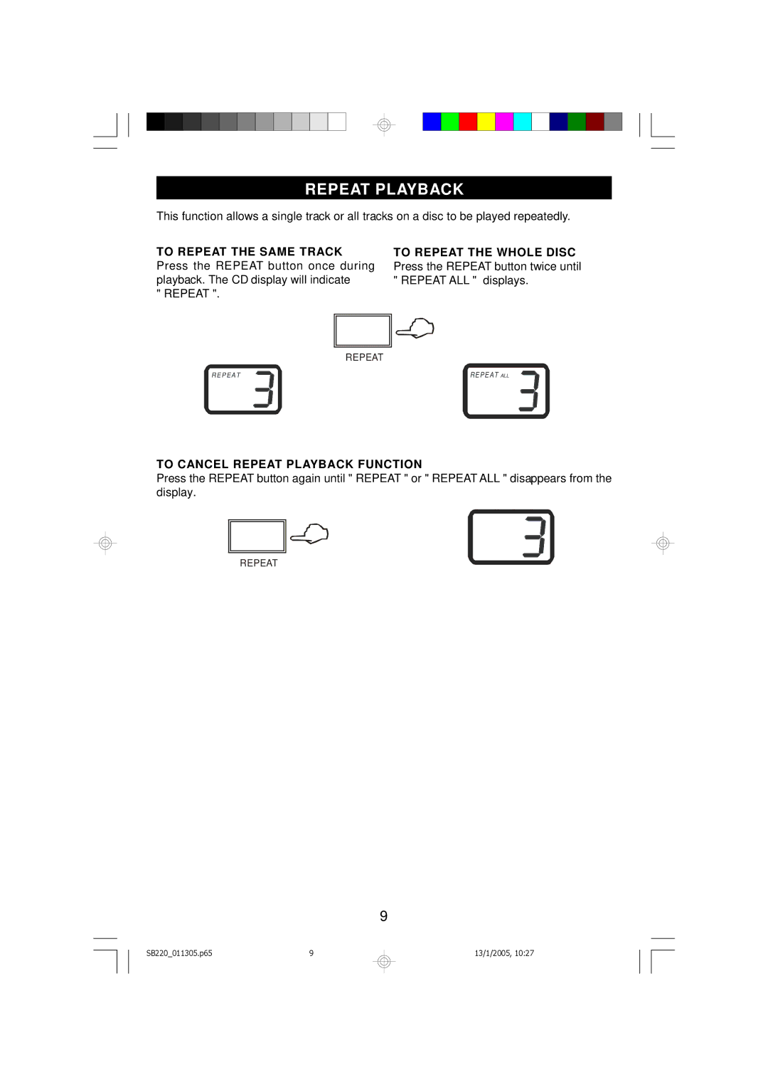 Emerson SB220 owner manual To Cancel Repeat Playback Function 